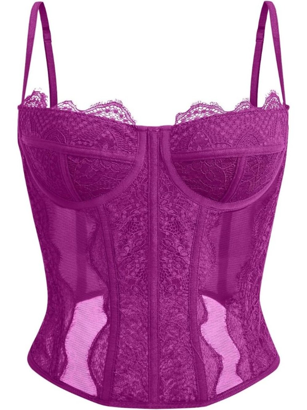 Women Hot Pink Boned Lace Mesh Underwire Bustier Spaghetti Strap Corset Tank Top